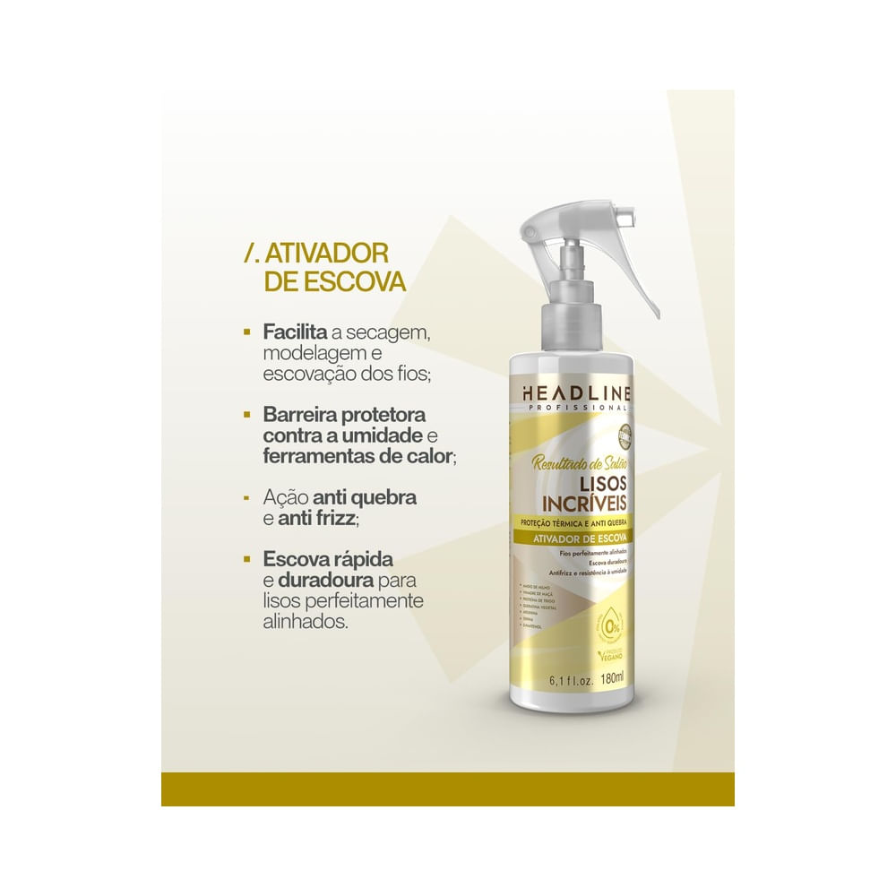 Ativador de Escova Lisos Incríveis Headline 180ml destacando benefícios ao lado do frasco